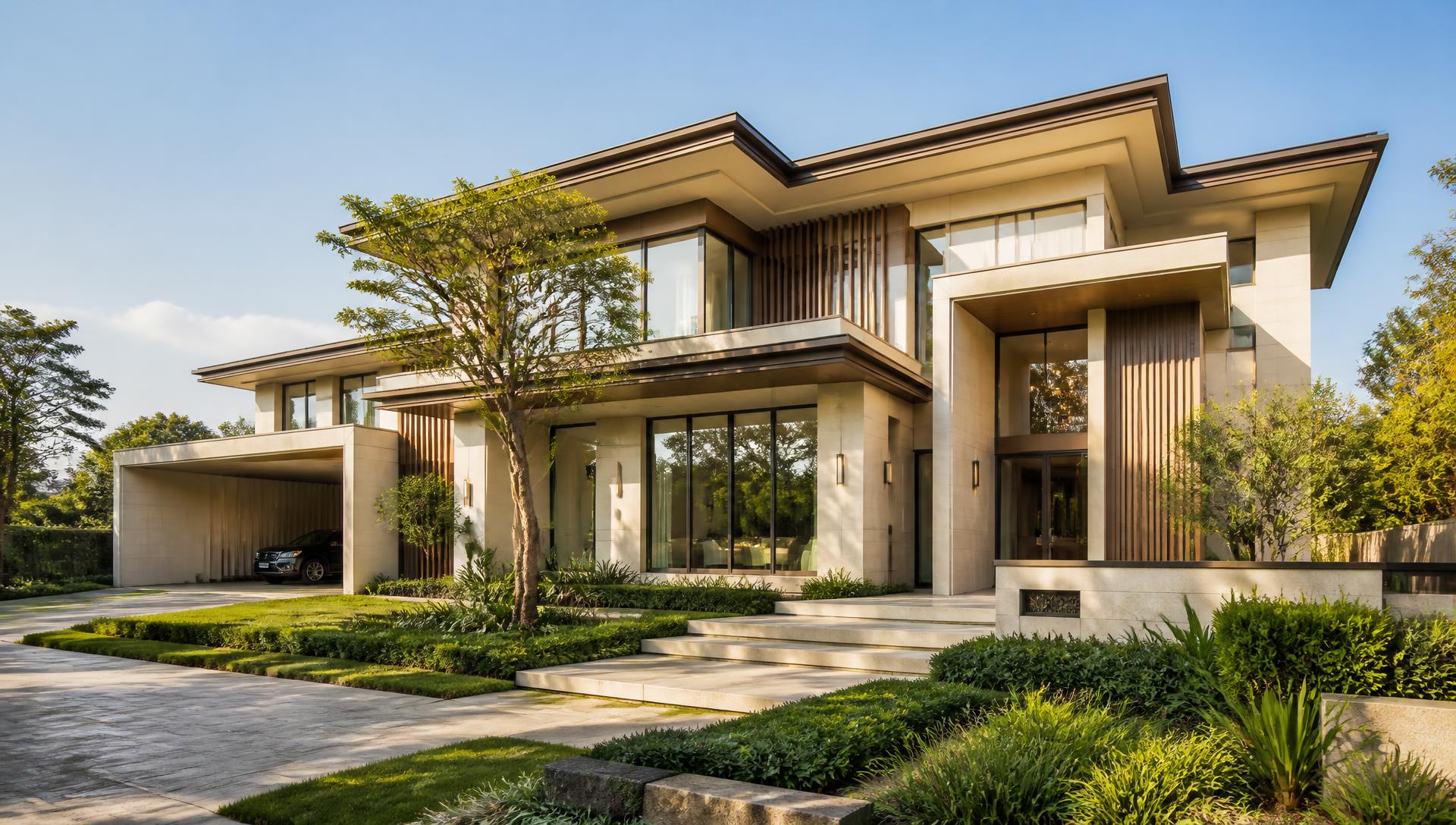 Residência contemporânea em tons claros com jardim e iluminação natural
